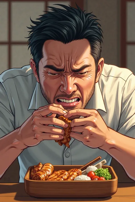 Illustration of a man with a troubled expression、of meat getting caught in his teeth while eating a ginger-grilled bento
