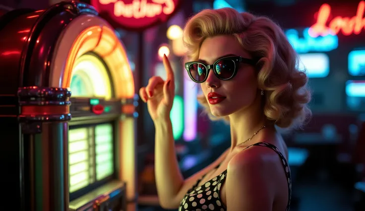 vintage colored old photo of A 1950s Rockabilly girl with voluminous victory rolls, bold red lipstick, and a classic polka-dot dress. She stands next to a vintage jukebox, adjusting her cat-eye sunglasses with a confident smirk. The scene is vibrant with n...