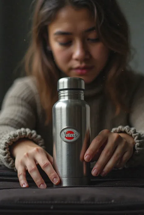 Close-up image with a front angle of a person keeping a thermos of Vélez coffee in a suitcase 