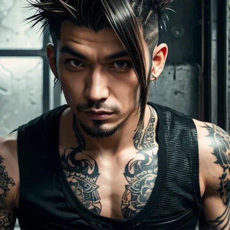 1 Japanese streampunk goth man, male, Asian eyes, muscular, broad shoulders, tattoos, hairstyle mohawk cut, black men's shirt and black pants, ultra detailed face and eyes, hyperrealistic, realistic representation, shoulder-length hair, 40 years old, age 4...