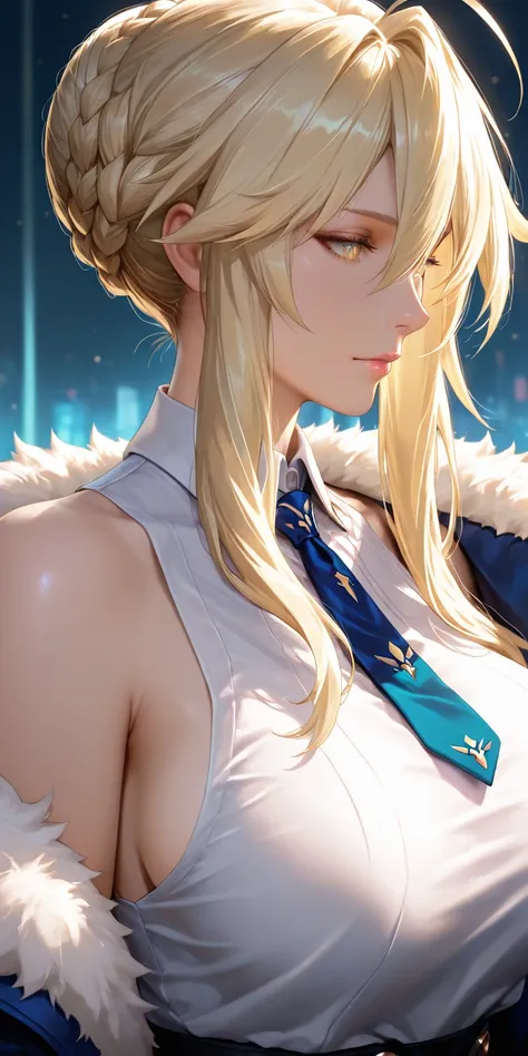 Masterpiece, very aesthetic, vibrant, high contrast, mature woman, artoria pendragon (lancer) (fate), milf, upper body, sleeveless collared shirt, tie, side boobs, jacket, best quality, soft light, semrealistic, honkai: star rail cg style