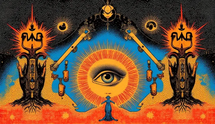 A woman touching a mirror,  psychedelic cosmic horror , por Hiroshi Nagai, paul laffoley , mystical, supernatural visuals, psychedelic illustration, Mystic eye, empty eyes,  psychedelic art, use blue orange, red, black and yellow colors