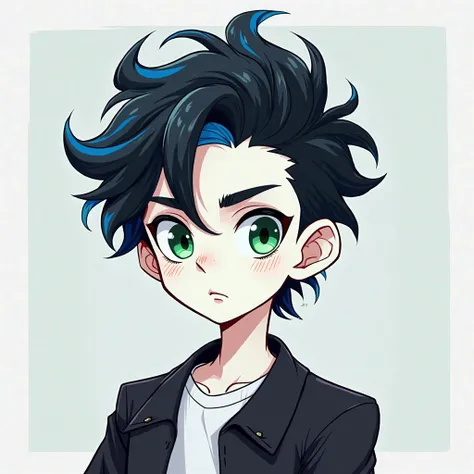 man, From cartoon , character with black hair and blue tips, white skin, green eyes, white and black background create an avatar with these specifications