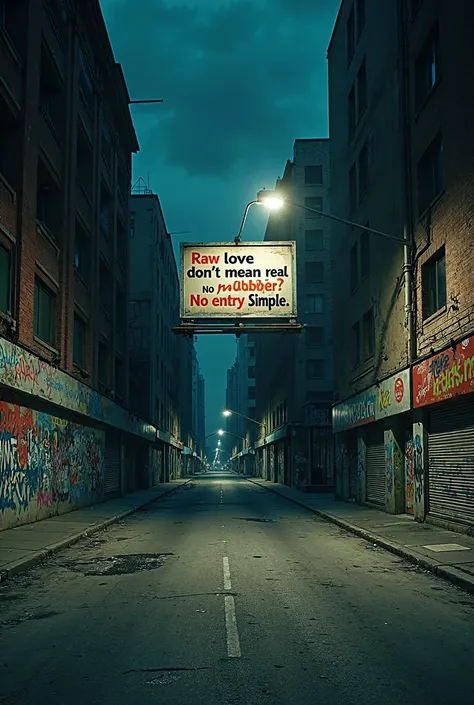 "A desolate city street in the dead of night, with empty, graffiti-covered buildings surrounding a lonely billboard. The message on the billboard reads: ' Raw love don’t mean real love. No rubber? No entry. Simple.' The urban landscape feels abandoned, wit...