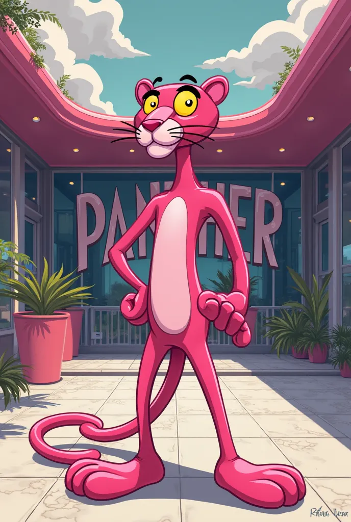 Generate a photo of the pink panther with a Nike roof and the name Panther in the background.Style 