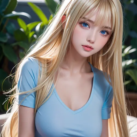  Unrivaled Beauty , Shiny, firm and shiny skin ,  bangs between your eyes, Lustrous straight, beautiful bright blonde,  super long straight silky hair,  eyeliner, sexy beautiful innocent , big big beautiful bright blue eyes in high resolution,  beautiful a...