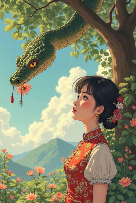 A young female teacher is wearing áo dài and looking up at the snake on the tree, around the teacher has flowers and the snake is having a flower in its mouth (the picture in vintage and anime styles and zoom in abit)