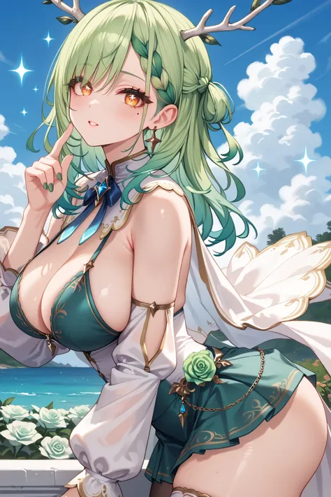 1 girl\(fauna_base, green hair, long hair, antlers, braided bangs, two-tone dress, jewelry, white thighhighs, single thighhigh, green straight skirt
,white mantle, green nails, green rose, bikini bottom, mole under eye, amber eyes, (sparkle eyes, expecting...