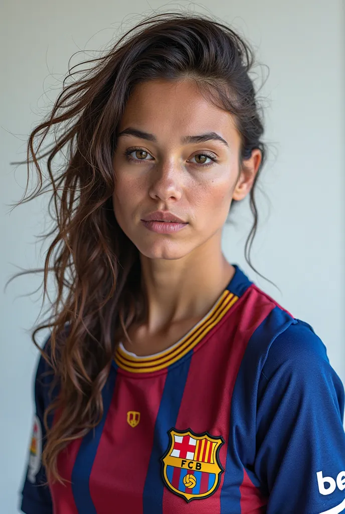 A photo of someone wearing a brunette on their back wearing a Barcelona uniform and whose name is Robert
