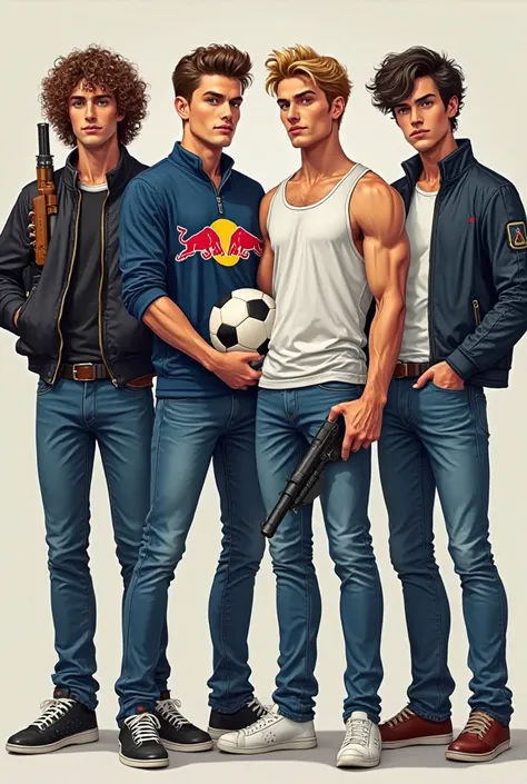 realistic image of four handsome men
one is brown curly hair wear black jacket with red bull head logo .blut tight jean.holding a gun
one is golden bronze hair wear blue soccer team jacket blue tight jean, holding a football
one is brown curly hair wear wh...