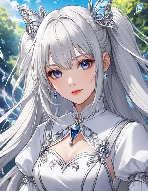  drawn on a large playing card with background、Silver long hair holding  in hand、  beautiful twin tail girl、silver spade(♠️)Costumes、 woman in white dress , beautiful fantasy anime, change, splash art anime change,   beautiful charming anime woman  ,  Magi...