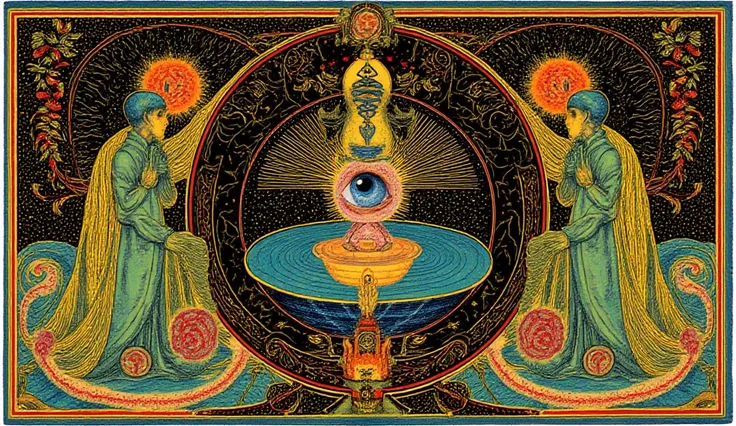 A woman touching a mirror,  psychedelic cosmic horror , por Hiroshi Nagai, paul laffoley , mystical, supernatural visuals, psychedelic illustration, Mystic eye, empty eyes,  psychedelic art, use blue orange, red, black and yellow colors, green