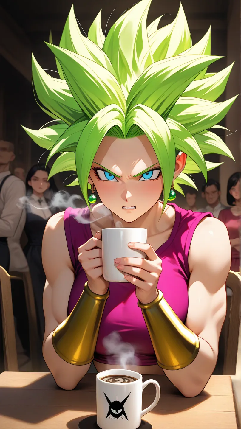 Dragon Ball ,Character Kefla,atmospheric.Gothic.Good drawing of the face.Drinks coffee.