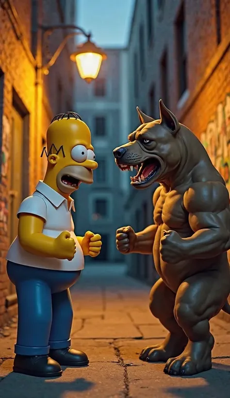 Homer Simpson and a muscular pitbull, both standing face-to-face in a tense standoff, each with furious expressions, Homer’s face is twisted in anger with clenched fists, while the pitbull bares its sharp teeth and tenses its body, the background is an urb...