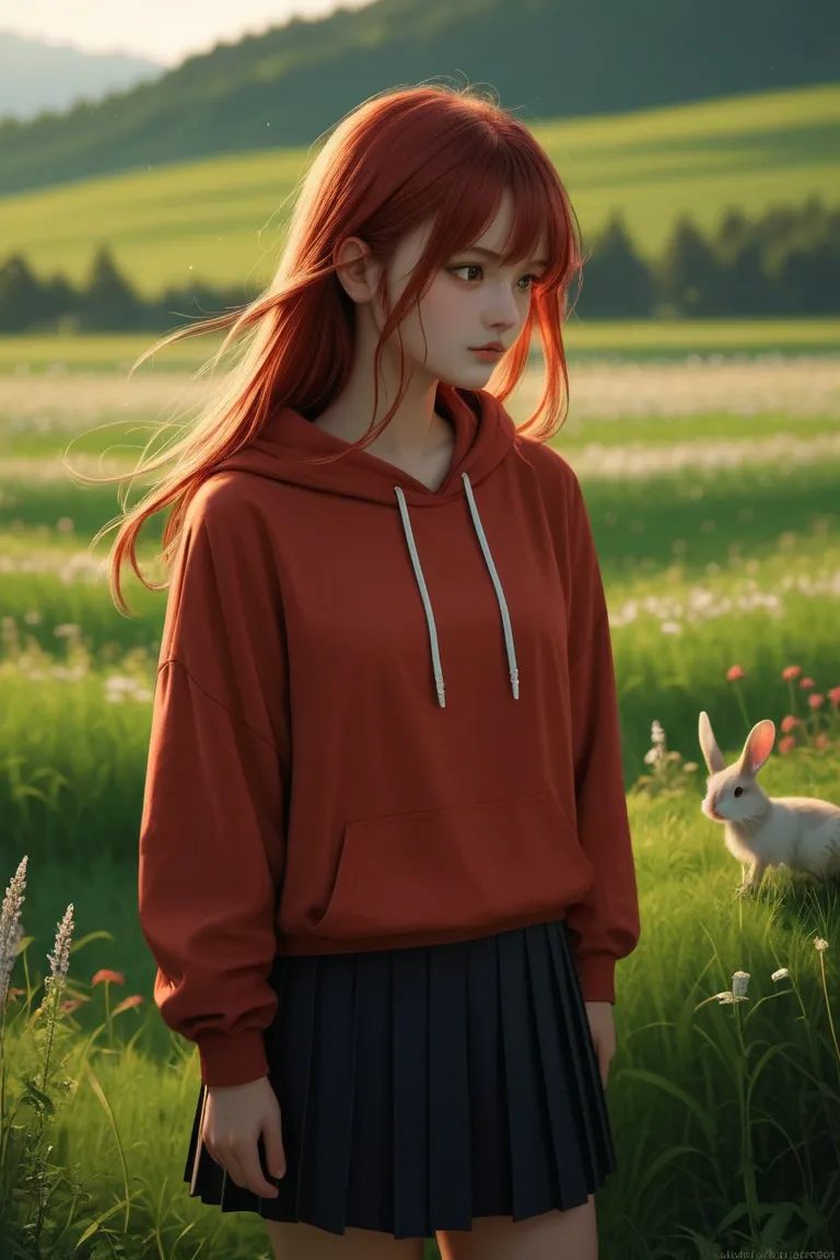 Rabbit Girl Oddy Eye Hoodie Skirt Red Hair Long