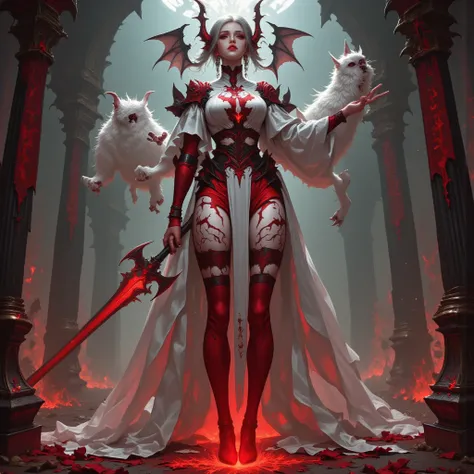 - "Russian" Adult Woman, Beautiful, tall, long legs, Long Devil Horns on her head in White, Long White Hair.

Body full of tribal tattoos that are clearly visible. (Facing the audience).

- Wearing a costume ("Full Sexy Armor"), a costume that embodies the...