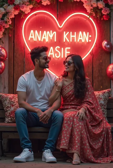 Create a realistic picture of a 22-year beautiful couple sitting on a bench holding each other’s hands. The boy is wearing a T-shirt, sneakers and sunglasses, and the girl is wearing a saree and sunglasses. Write the name “ANAM KHAN❤️ ASIF KHAN” on the bac...