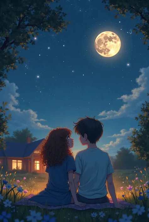 Create an image of a curly haired girl sitting with her boyfriend with straight hair looking at his house the moon and the stars good night 