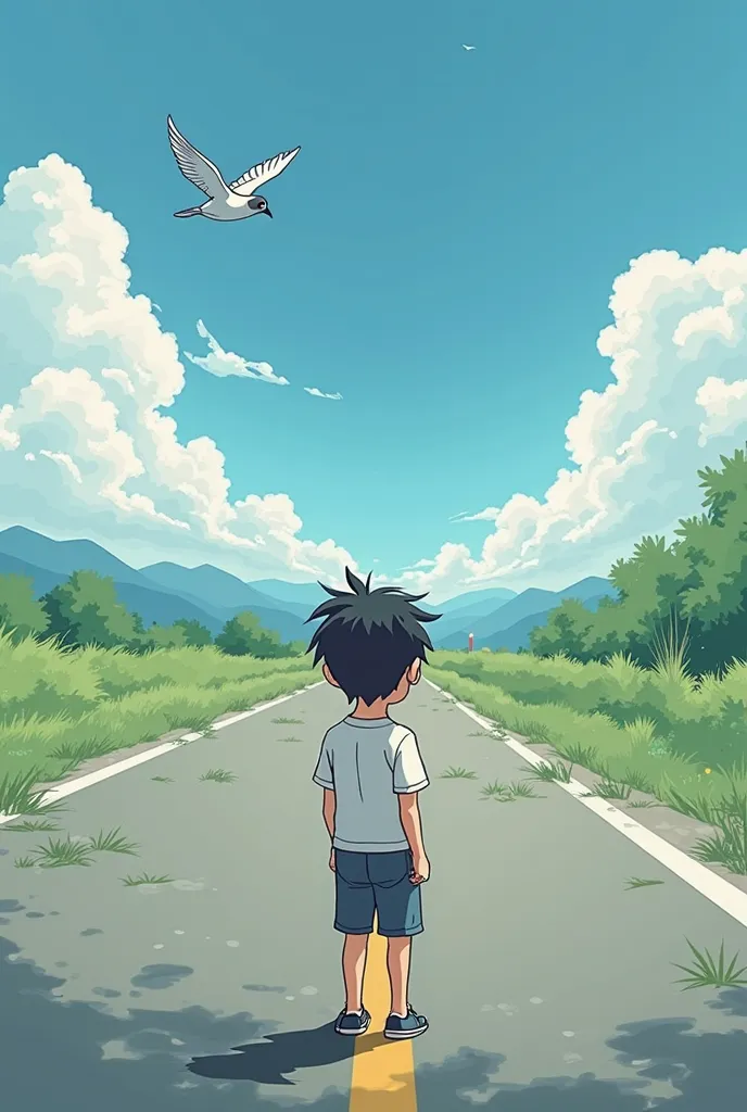 cartoon boy standing on a road with a bird flying in the sky, an anime drawing inspired by Akihiko Yoshida, pixiv, dau-al-set, in an anime style, in anime style, anime style character, as an anime character, cel - shaded art style, anime boy, animation cha...