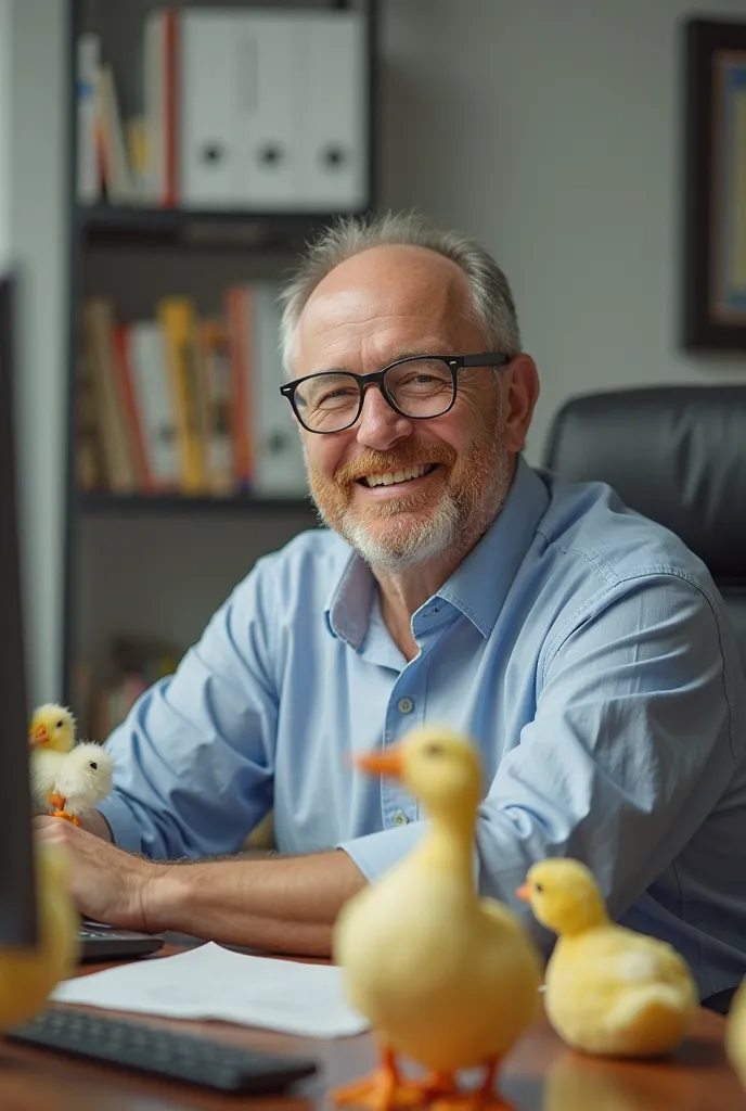 a middle-aged man without glasses with a small reddish-blond beard sits in the office in front of a computer around him, the ducks are happy they flap their wings and are glad he came.
a bald gray-haired middle-aged man with tight glasses in a light blue s...