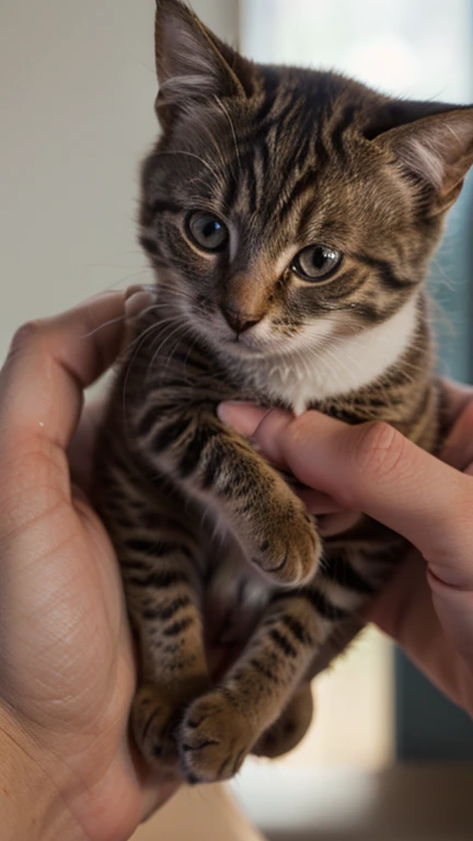 A tiny cat, about the size of a human finger, is shown in extreme close-up while standing on a human finger. The animal's body and the entire finger supporting it are in sharp focus, textured detail. Capturing every fine detail of the animal and the textur...