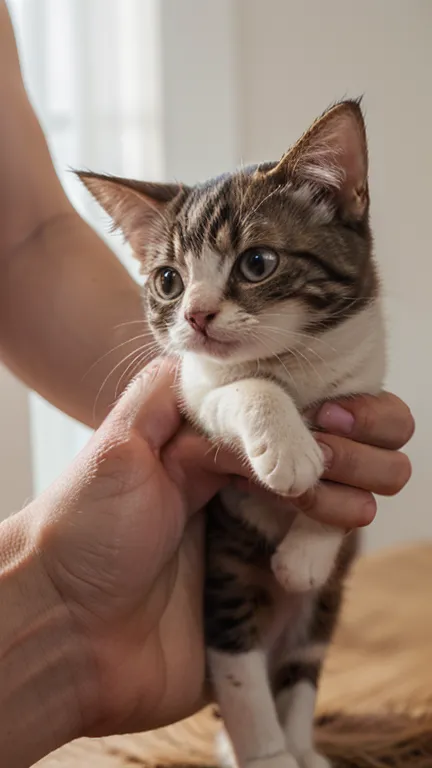 A tiny cat, about the size of a human finger, is shown in extreme close-up while standing on a human finger. The animal's body and the entire finger supporting it are in sharp focus, textured detail. Capturing every fine detail of the animal and the textur...