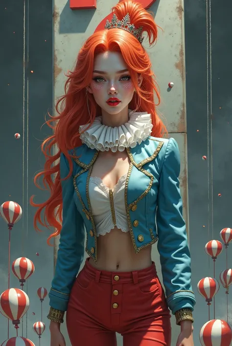 a female game character, 20 years, full body shown image, a circus suit blue and red and white in fantasy style, reddish hair, a ghost white full face make up with red lipstick, a white curly neck clothe, background is a a huge box with question mark on it...