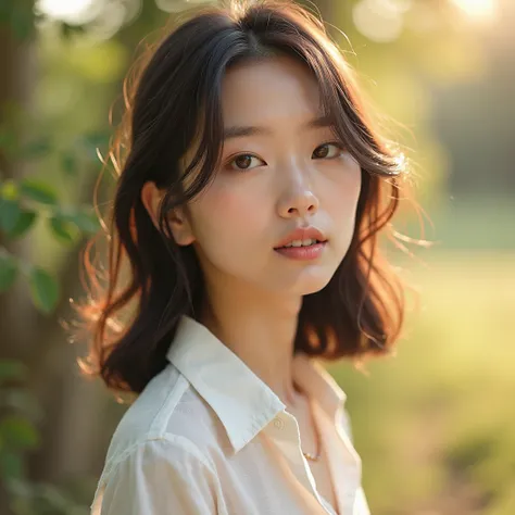 A so cute 19-year-old Japanese starlet enjoying a natural fashion style, wearing a simple, skin-friendly linen shirt. Her hair is semi-long in a relaxed. She has a no-makeup look with light foundation, giving her skin a soft, natural glow. The scene is cap...