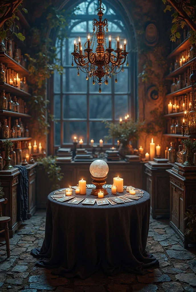 A dark, mystical room illuminated by the flickering light of numerous candles. The room has walls lined with shelves of ancient books and jars of magical ingredients. A round table in the center is adorned with tarot cards, a crystal ball, and glowing cand...