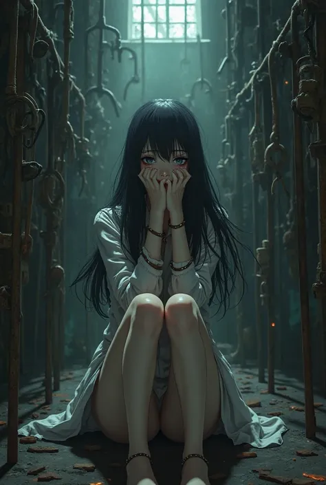 A black-haired female adult anime character who is locked up in a dark torture room