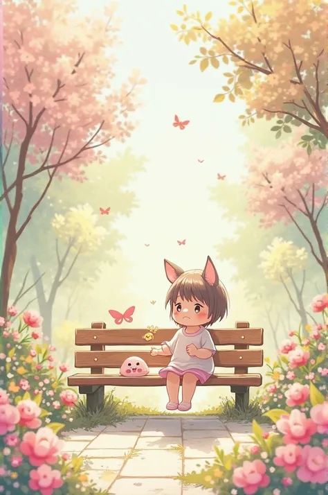 A delicately hand-drawn illustration in pastel style of a cute  on a bench in a square with lots of flowers and butterfly, soft lighting, cozy and touching atmosphere, soft watercolor texture, soft contours, kawaii aesthetic, dreamy background, highly deta...