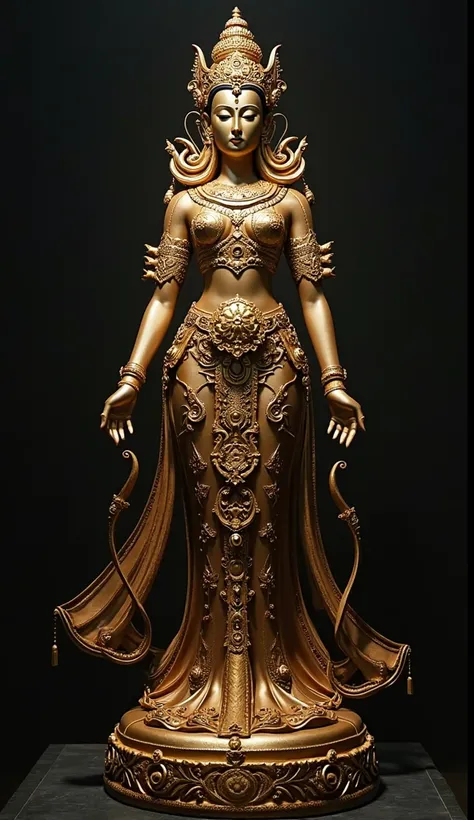 Statue of Dewi Sri (symbol of prosperity) with gold ornament , dark background to highlight details.  
- ** source **: Collection of National Museum of Indonesia or Sonobudoyo Museum.