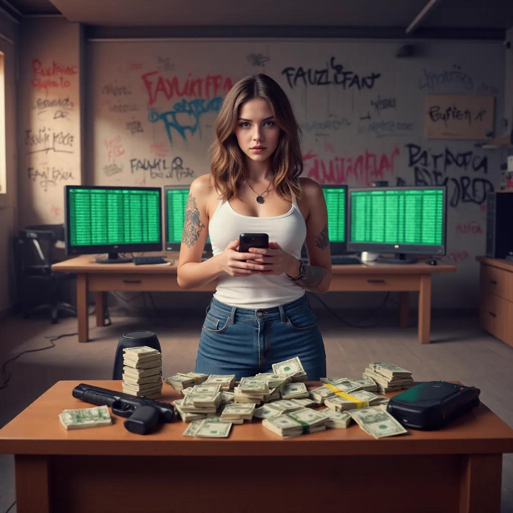 Brown-haired young woman with a sharp gaze, wearing a white tank top and jeans, stands in front of a table full of cash, pistol softgun, and an electronic device. He holds a mobile phone, while behind her are two monitors with coded displays and green grap...