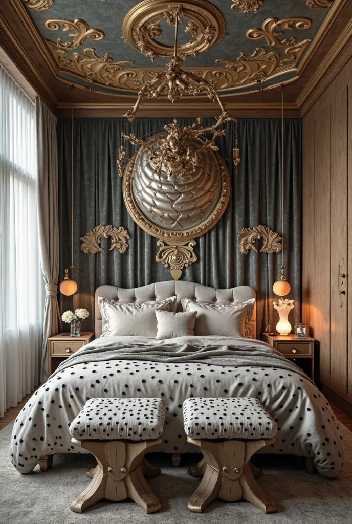 Interior Design. Grotesque Scrooge McDuck pop-art Bedroom. Very bright contrast tones: graphite, wood, ivory, silver, brass, chrome, bleached oak. Hypnotic, textures reminiscent of pores, dotted, ornamented chenille furniture