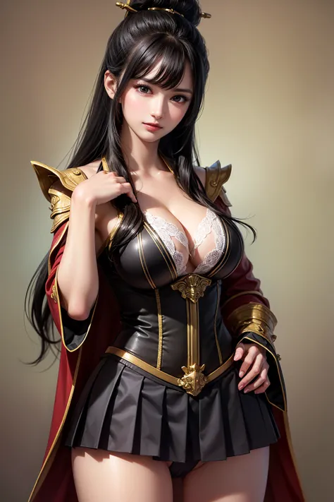 woman in armor and cloak,((((pleated skirt, black panties)))),,over the age of 25,(nsfw:1),is standing with her hands on her hips,3/4 shots,Cleavage ,Highly Detailed Face and Skin Textures,looking at the camera, perfect beauty : 1.4, fine grain, double eye...