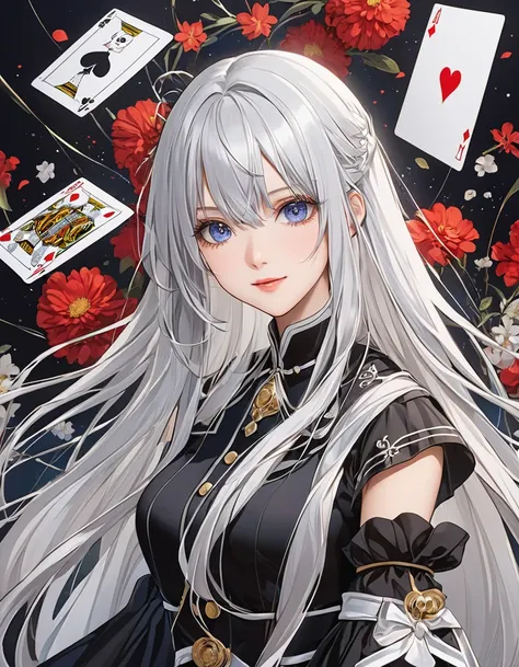  drawn on a large playing card with background、Silver long hair holding  in hand、  美しいツインテールの女の子、トランプのスペードを持っている、銀のスペード柄のコスチューム、 白のドレスを着た女性 , 美しいファンタジーアニメ, 変化, splash art anime 変化,   美しいチャーミングなアニメ女性  ,  マジカルガールポートレート、芸術作品 ,   美しいアニメーションポートレート  , 