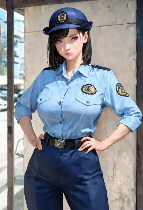 best quality,masterpiece,large breasts,purple eyes,black hair,police hat,belt,collared shirt,blue pants,,light blue shirt,1girl,,athletic,swept bangs,medium hair,milf,,.,closed mouth,closed up,,hands on own hips,realistic