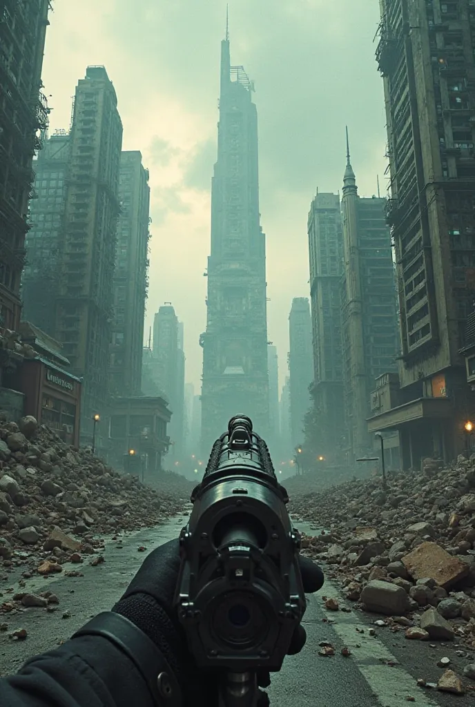 A futuristic city in ruins, first person view, city in catastrophe, holding a machine gun, Surrealism 