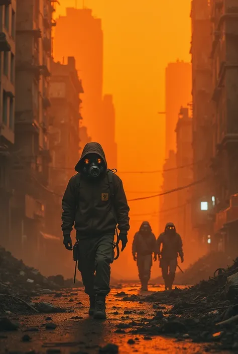 a scene of an orange post-apocalyptic city with some people walking around wearing gas masks