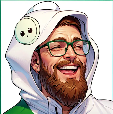  man with a beard and glasses wearing a green hoodie, ((comic style)), white background, laughing, lizard kigurumi, lineart, brown hair,