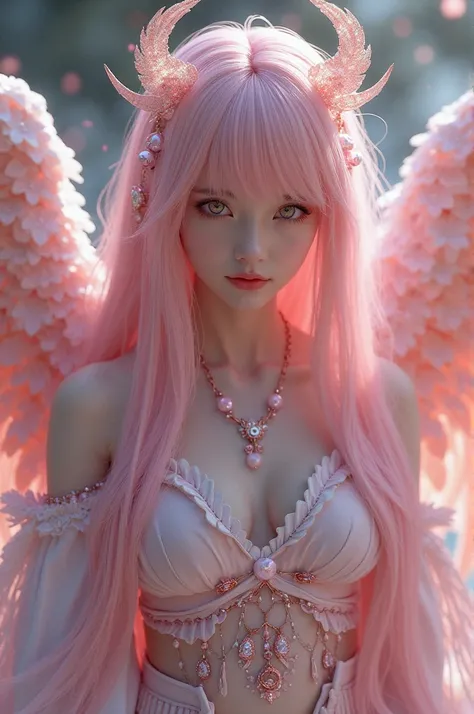 Pink eyes big wings long silky hair like waterfall pink whip crown or tiara Japanese style accessories elegant pink costume Japanese style seductive look feminine angel Japanese style 