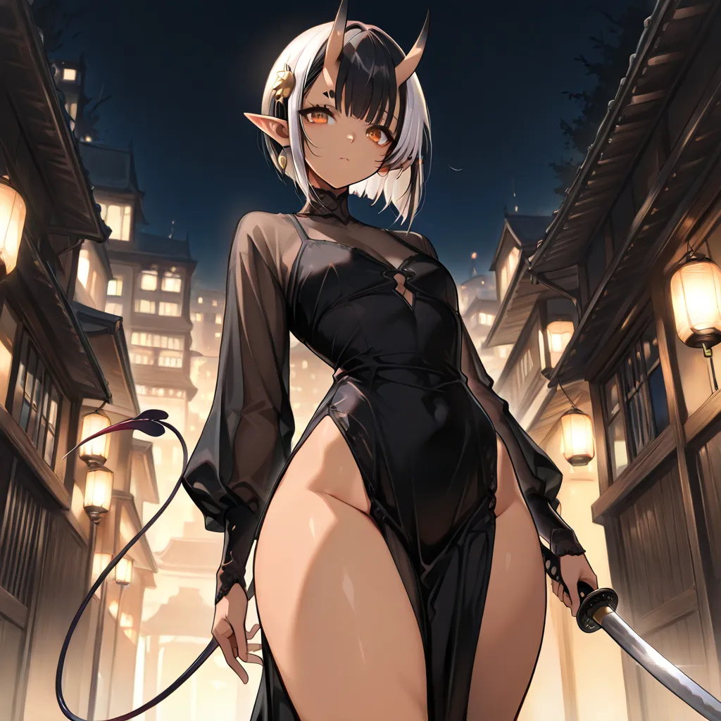 (Masterpiece, best quality:1.2), score_9, score_8_up, score_7_up, 1girl, mature, adult, night, feminine, soft lighting, dark building background, dark lighting, detailed shadows, looking at viewer, thick thighs, [[large ass:0.9]], wide hips, black skimpy d...