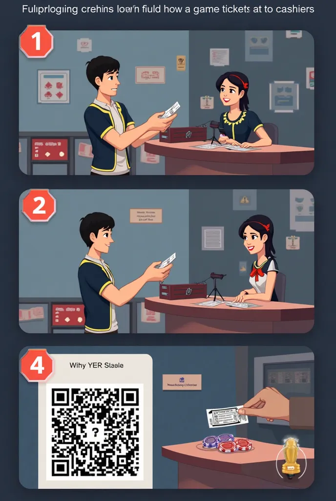 "A step-by-step animated guide showing how a poker player exchanges a game ticket for chips at the cashier. The QR code is scanned, the system processes the request, and chips are handed to the player. The animation is smooth with clear UI overlays."