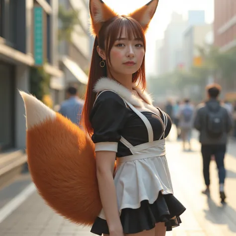 (( top quality made of straw , 8k)), ((Girl with straight brown hair)), (( photorealistic)), ( masterpiece), Perfect Face , ((Woman with fox ears )), ((That woman has a fox tail )), foxgirl, (Her tail is big  ), ( That beautiful woman is shy), She's a coll...