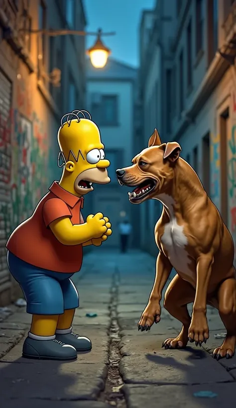 Homer Simpson and a pitbull dog, both face to face in a tense standoff, each with furious expressions, Homer's face is twisted in anger with his fists clenched, while the pitbull shows his sharp teeth and tenses his body with all four paws on the ground, t...