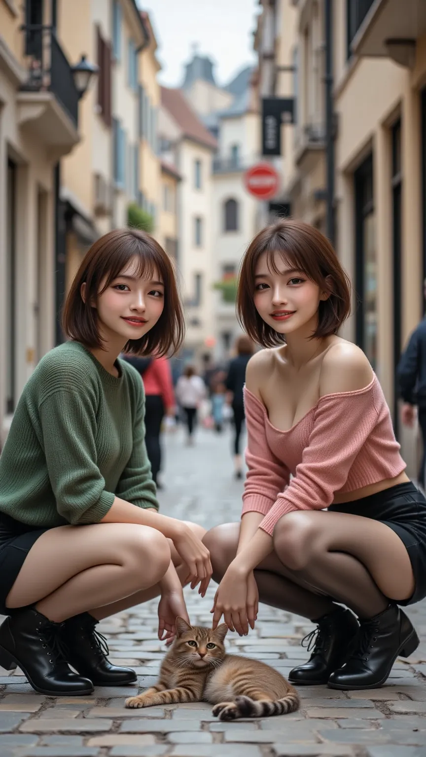 8K, RAW photos , super A high resolution, top quality , masterpiece:1.2),  (realistic illustration ), (highly detailed CG Unity 8K wallpaper), ((full body image :1.5)), ((full body:1.5)), ((2 women:1.5)), ((The two women are squatting facing the front)), (...