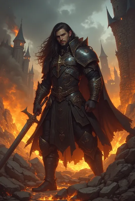 man with long black hair, dark skin, dhampir,  black armor, torn black cloak, holding a zweihander, illrigger, rpg, dark fantasy, castle on fire