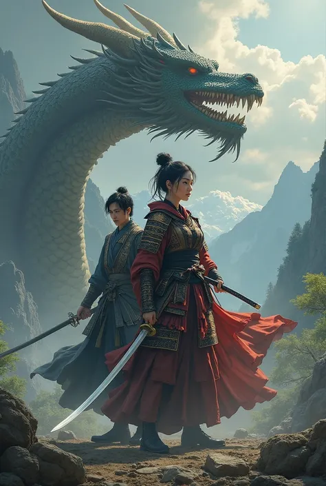 A man, a woman wearing a samurai suit, holding a sword behind her, has a dragon.