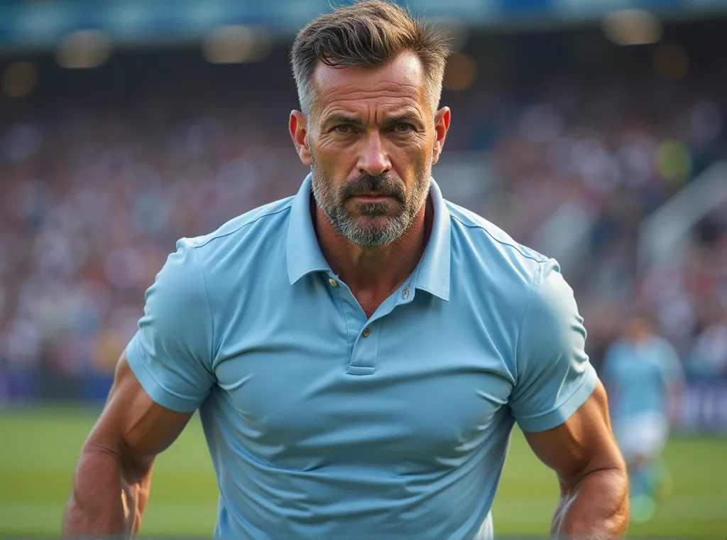 30-year-old soccer coach wearing light blue shirt