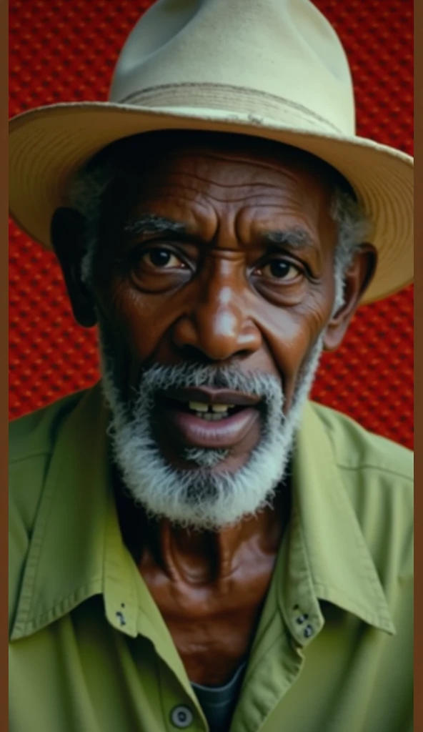 A 90-year-old African man with black skin with a well-groomed gray beard, wearing a light straw hat with a black stripe and a dark orange linen shirt with buttons.  He has a serene and confident look ,  with expressive eyes and skin marked by time .  The b...